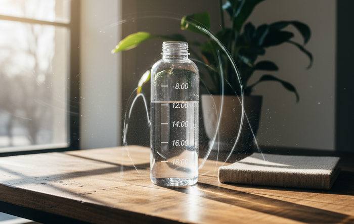 butelka-wody-z-podzialka-na-biurku-w-promieniach-slonca Butelka wody z podziałką stojąca na biurku, symbolizująca regularne picie wody w ciągu dnia