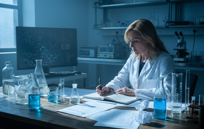 badania-naukowe-o-piciu-wody-i-redukcji-masy-ciala Kobieta-naukowiec analizująca wyniki badań o wpływie picia wody na odchudzanie