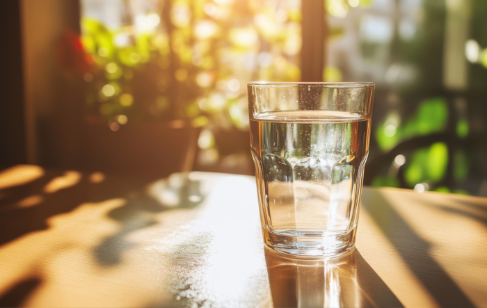 dlaczego-woda-jest-kluczowa-dla-zdrowia-i-prawidlowego-funkcjonowania-organizmu Szklanka wody stojąca w promieniach słońca – symbol zdrowia i naturalnego nawodnienia
