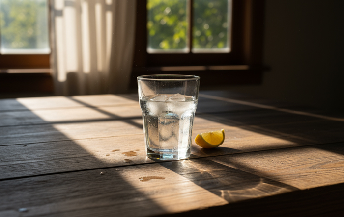szklanka-wody-z-cytryna-na-drewnianym-stole Szklanka wody z plasterkiem cytryny na drewnianym stole w promieniach słońca