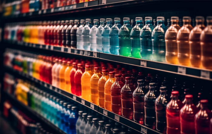 P&oacute;łka sklepowa z r&oacute;żnymi napojami podczas wyboru napoju na podr&oacute;ż