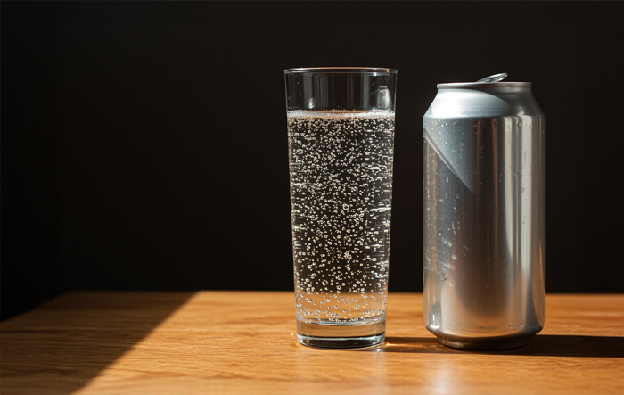 Por&oacute;wnanie wody gazowanej i napoju gazowanego &ndash; szklanka wody z bąbelkami obok puszki słodzonego napoju