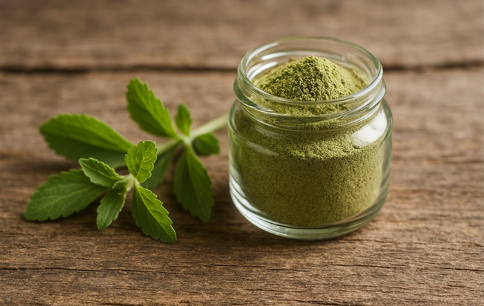 Liście stewii i sproszkowana stewia jako naturalny słodzik pochodzenia roślinnego