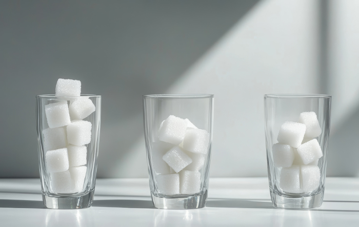 Kostki cukru w trzech szklankach na jasnym tle – porównanie słodzenia cukrem i alternatywami, takimi jak stewia