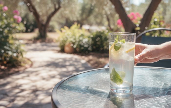 Szklanka wody z cytryną i miętą na stoliku w ogrodzie – lekki napój bez cukru i nawodnienie na co dzień