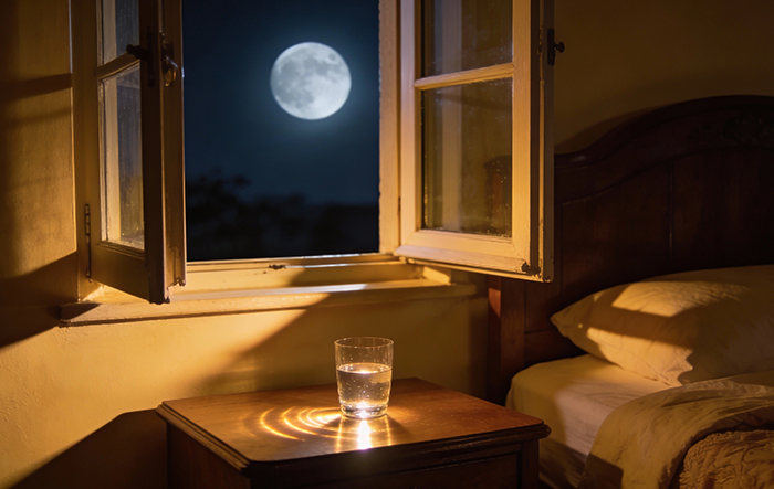 Szklanka wody na stoliku nocnym przy otwartym oknie i pełni księżyca – nocne pragnienie i potrzeba 
