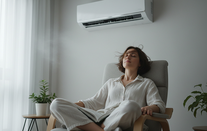 Kobieta odpoczywająca w pomieszczeniu z włączoną klimatyzacją &ndash; suche powietrze może powodować uczucie suchości w ustach.