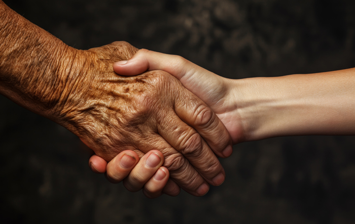 Symboliczne ujęcie dłoni starszej i młodszej osoby – gest wsparcia, troski i międzypokoleniowej solidarności w codziennym życiu seniorów