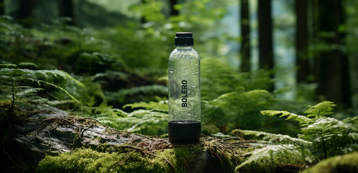 Butelka wielorazowa Bolero PET ustawiona na mchu w lesie, symbolizująca ekologiczne i przyjazne środowisku użytkowanie.