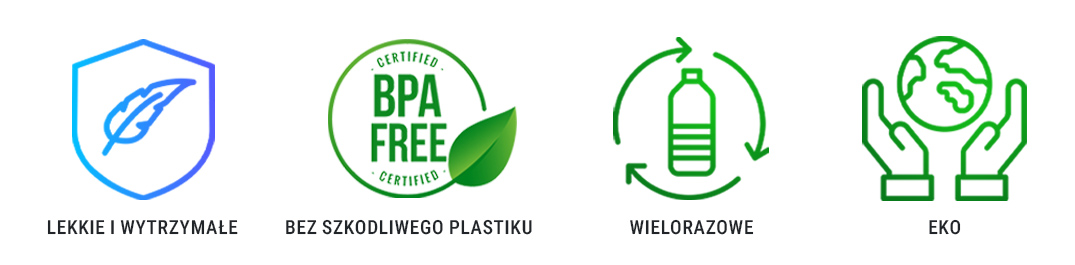 Bolero butelki ikony informacyjne o braku szkodliwego plastiku eko i wielorazowym użytkowaniu