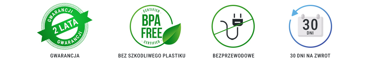 Bolero soda maker saturator ikonu informacyjne o gwarancji braku szkodliwego plastiku i bezprzewodowym urządzeniu