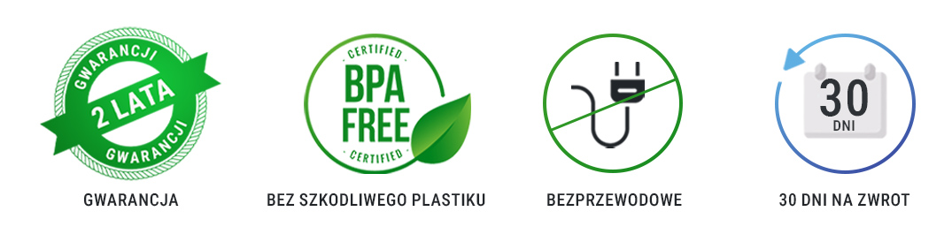 Bolero soda maker saturator ikonu informacyjne o gwarancji braku szkodliwego plastiku i bezprzewodowym urządzeniu