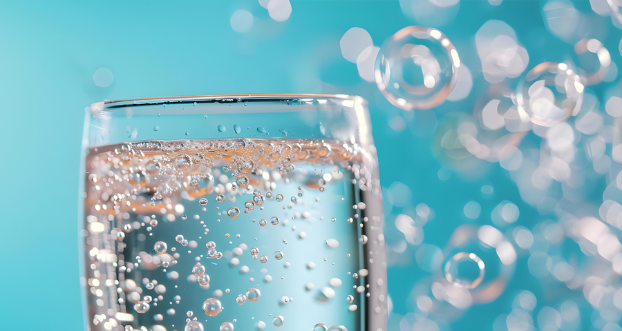 Szklanka wody gazowanej z widocznymi bąbelkami na jasnym tle