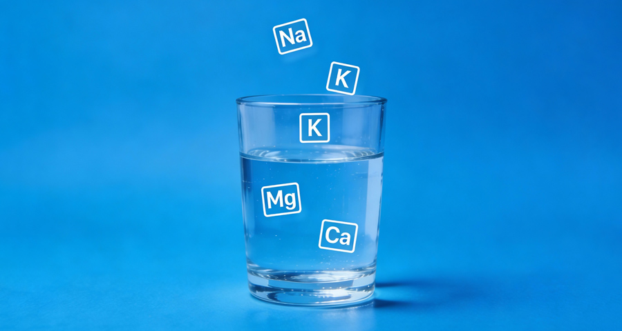 Szklanka wody z ikonami elektrolitów: Na, K, Mg i Ca - grafika o nawodnieniu