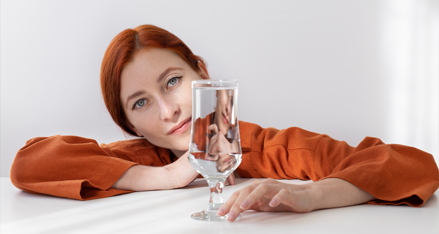 Kobieta siedząca przy stole z kieliszkiem wody, symbol świadomego nawodnienia organizmu